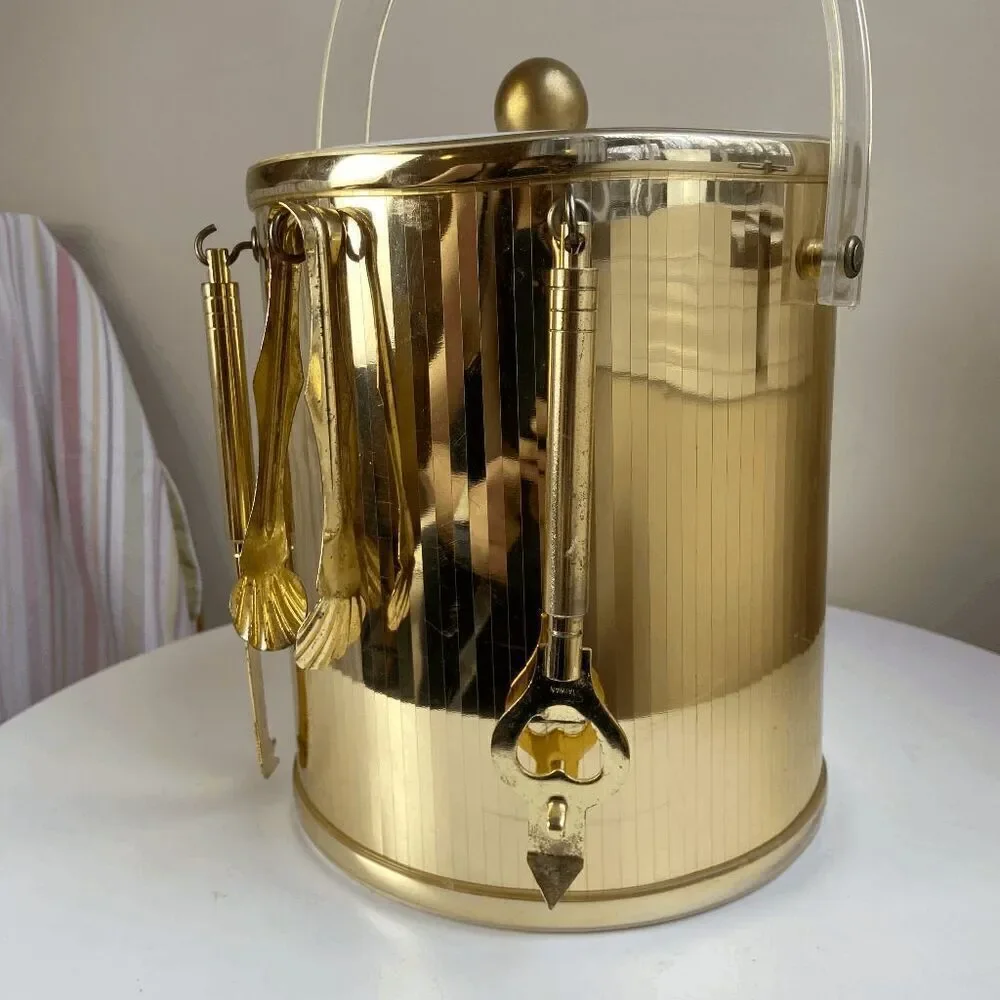 Vintage 1970s Metallic Gold Ice Bucket Clear Lucite Handle with Bar Utensils Bar